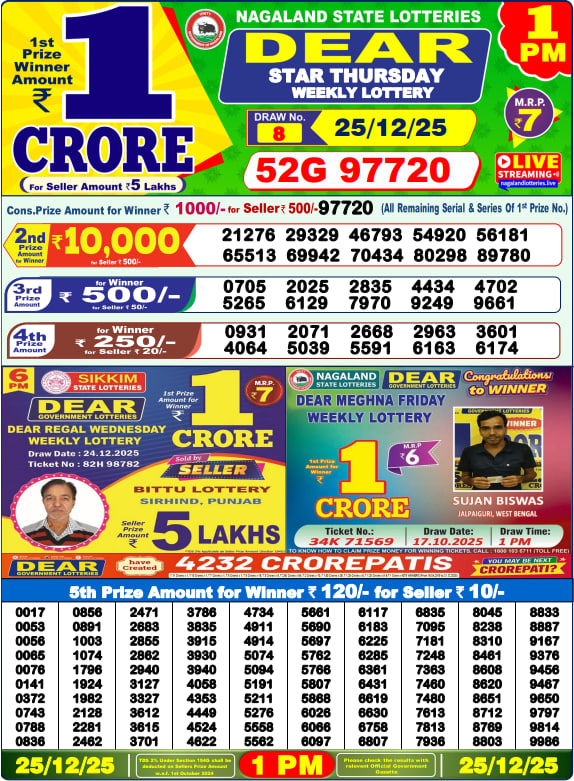 Dear Lottery 1PM Result